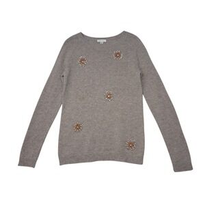 Garnet Hill Sweater Womens Small Taupe 100% Lambswool Beaded Crystal Floral